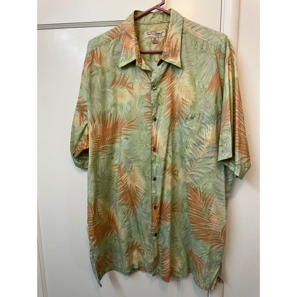 Tori Richard Mens XLT Cotton Lawn Tropical Palm Leaf Aloha Shirt Green Orange